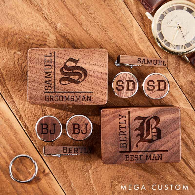 Personalized Wooden Cufflink Box Set with Tie Clip Groomsman Cufflinks Box Set Handcrafted Cufflinks for Groomsman Bachelor Party Favors Cufflink