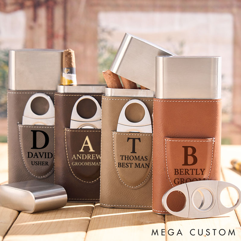 Personalized Leather Cigar Case with Cutter Custom Groomsmen Cigar Holder Groomsman Proposal Gift Cigar Case Men’s Leather Cigar Holder