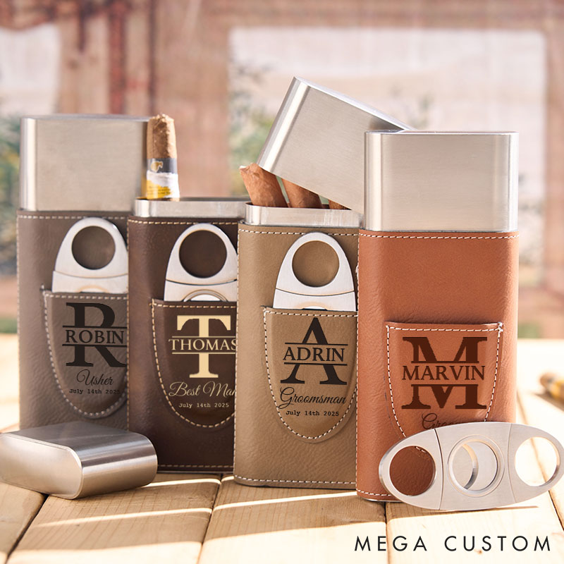 Personalized Groomsman Leather Cigar Case Engraved Monogrammed Groomsmen Cigar Holder with Cutter Groom Bachelor Favors Cigar Case Leather Cigar Accessories