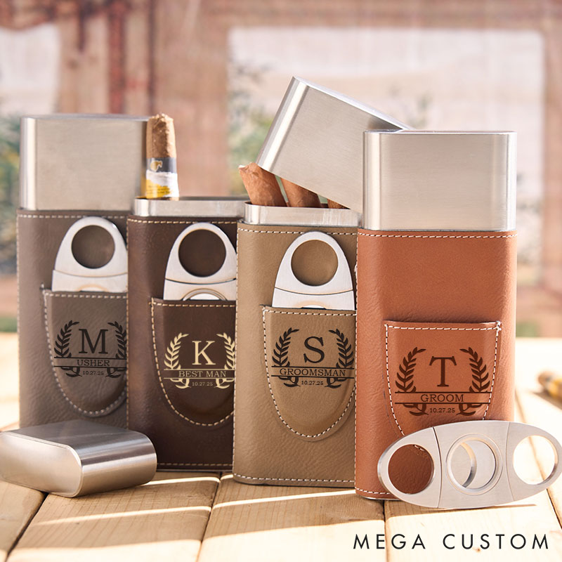 Personalized Groomsman Leather Cigar Case Engraved Men's Wedding Party Cigar Holder with Cutter Bachelor Favors Cigar Case Leather Cigar Accessories