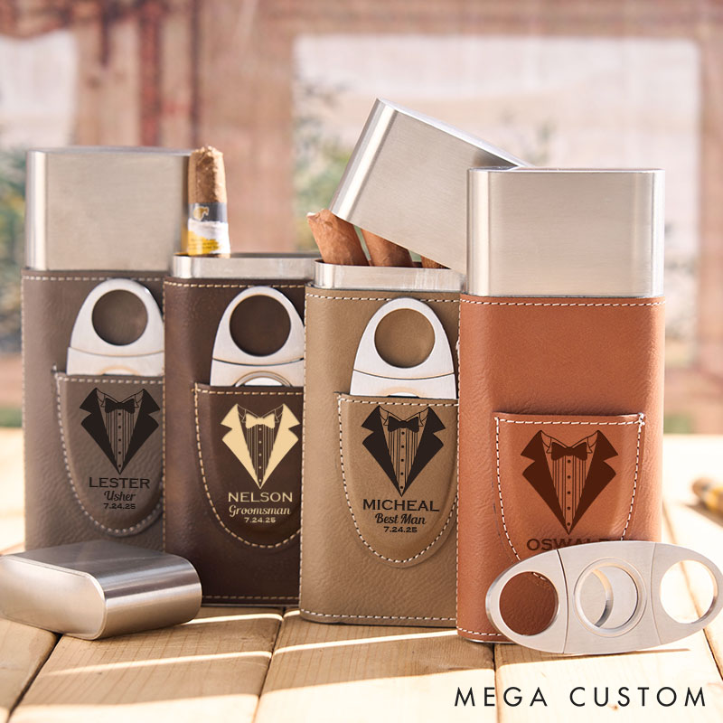 Personalized Groom Leather Cigar Case Tuxedo-Themed Best Man Cigar Holder with Cigar Cutter Wedding Party Favors Gift for Him Men's Leather Cigar Accessories