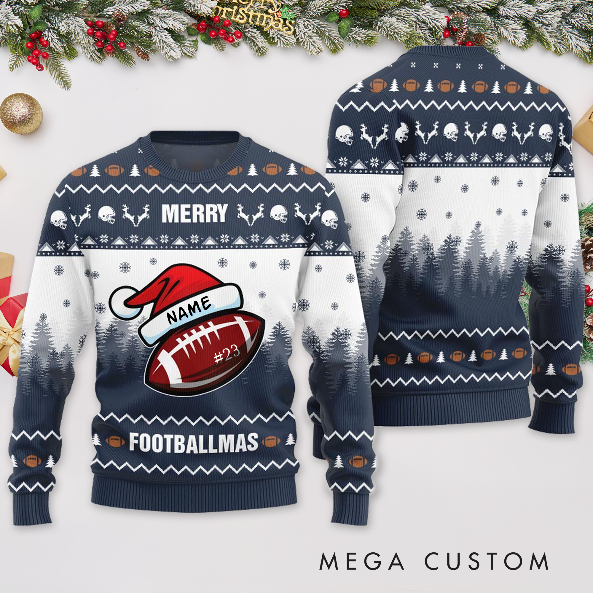 Personalized "Merry Footballmas" Christmas Sweater with Custom Name and Number