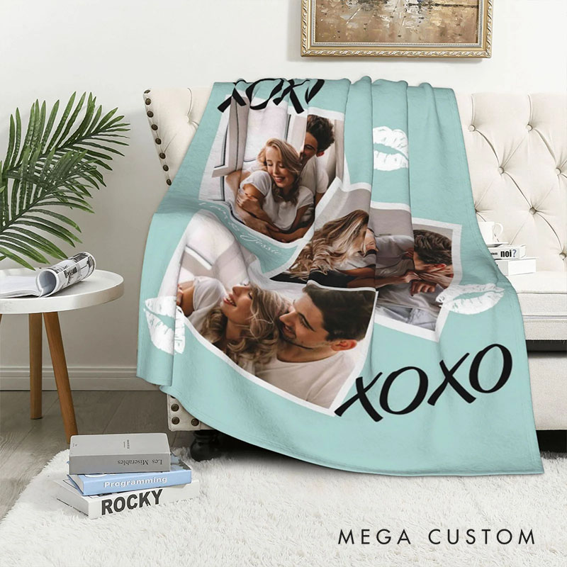 Personalized Couple XOXO Lip Print Photo Collage Fleece Blanket with Name Couple Photo Valentine's Day Blanket for Husband Wife Boyfriend Girlfriend