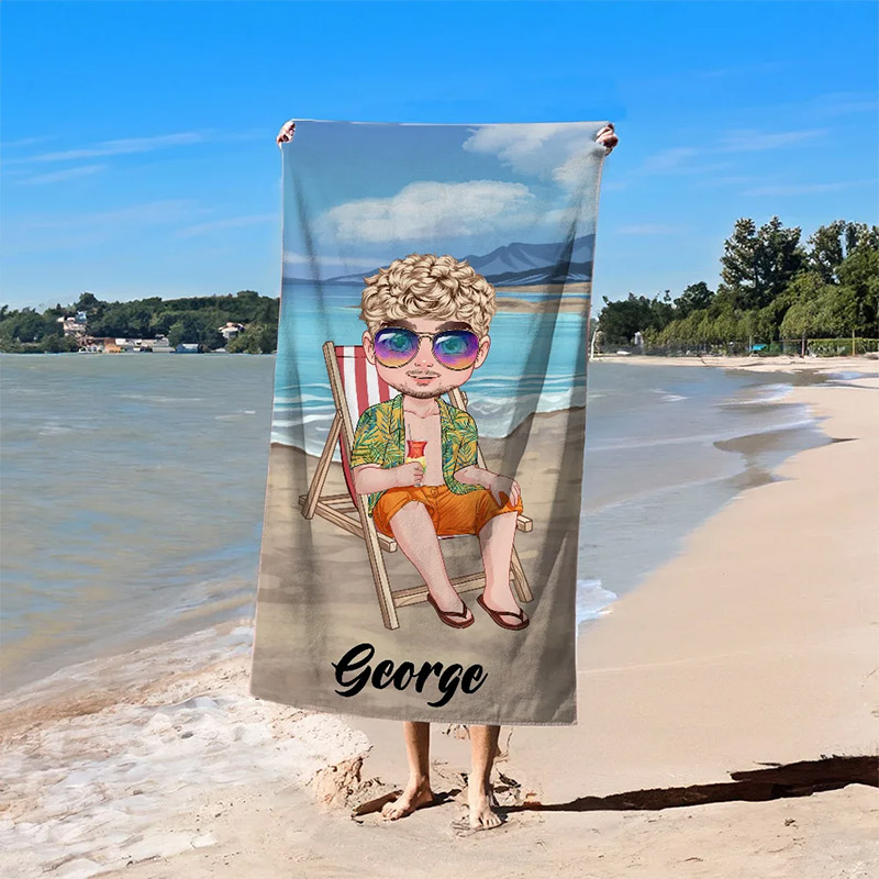 Personalized Sky Blue Sunset Cartoon Quick Dry Oversized Microfiber Beach Towel with Name Summer Travel Essentials Birthday Gift for Family Friends