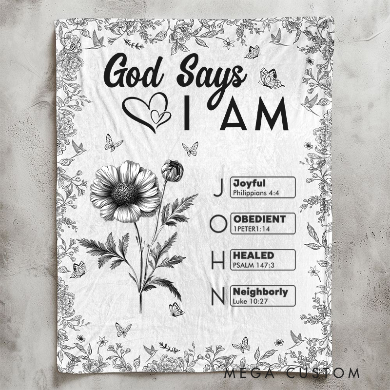 Personalized God Says I Am Name Letter In Bible Toile De Jouy Style Soft Throw Blanket Baptism Birthday Christmas Gift for Women Christians