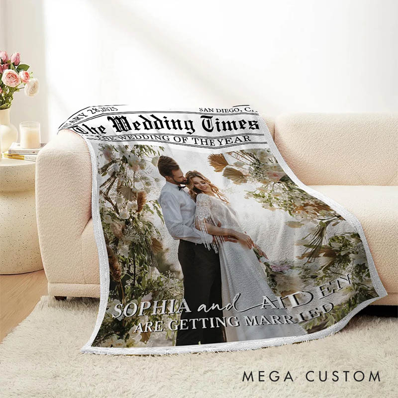 Personalized Couple Times Poster Design Photo Blanket with Text and Name Newlywed Wedding Newspaper Blanket Anniversary Gift for Husband Wife BF GF