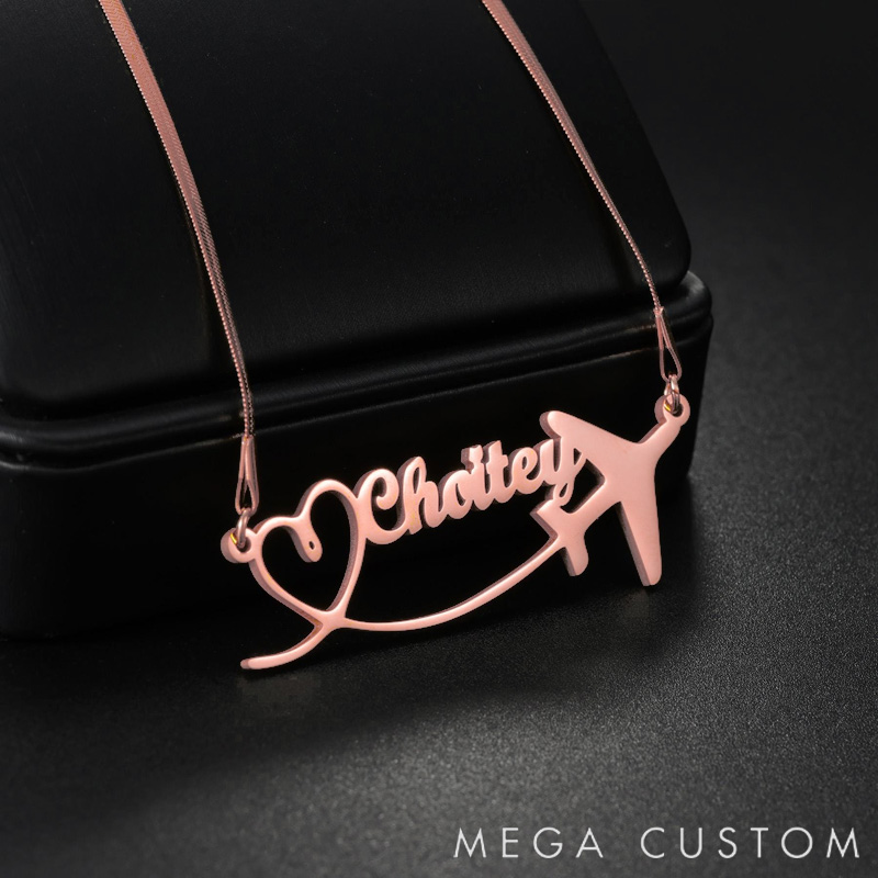 Personalized Name Necklace for Travel Enthusiasts Heart-Shaped Airplane