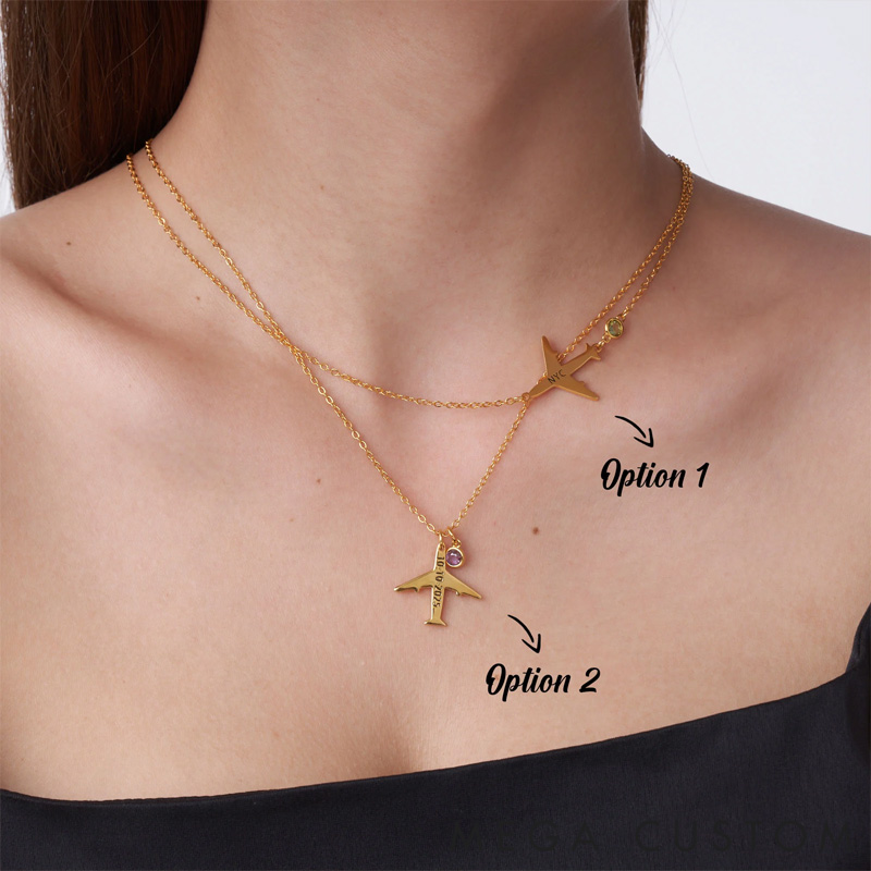 Personalized Airplane Necklace Dainty Jewelry with Birthstone and Text Birthday Anniversary Gift for Women Travel Lovers Pilots Flight Attendants