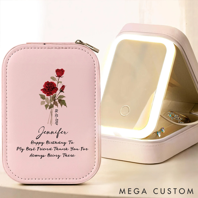 Personalized Birth Flower PU Leather Jewelry Box with LED Three-Color Adjustable Mirror and Text Name Date Travel Essential Birthday Gift for Women