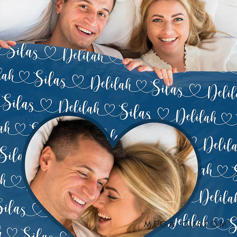 Personalized Heart Couple Photo Blanket with Couple Name Custom Newlywed Name Blanket Valentine's Day Gift for Husband Wife Boyfriend Girlfriend