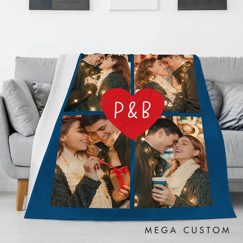 Personalized Couple Heart Collage Photos Blanket with Initials Custom Newlywed Blanket Valentine's Day Gift for Husband Wife Boyfriend Girlfriend