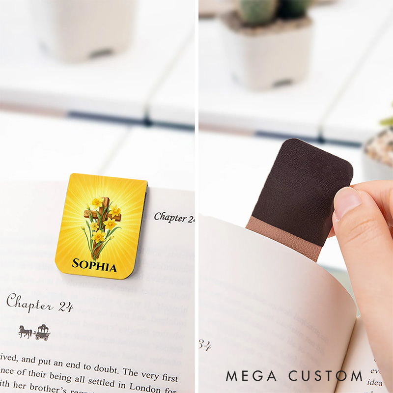 Personalized Cross Birth Flower PU Leather Magnetic Bookmark Clip with Name Religious Gift Birthday Gift for Christians
