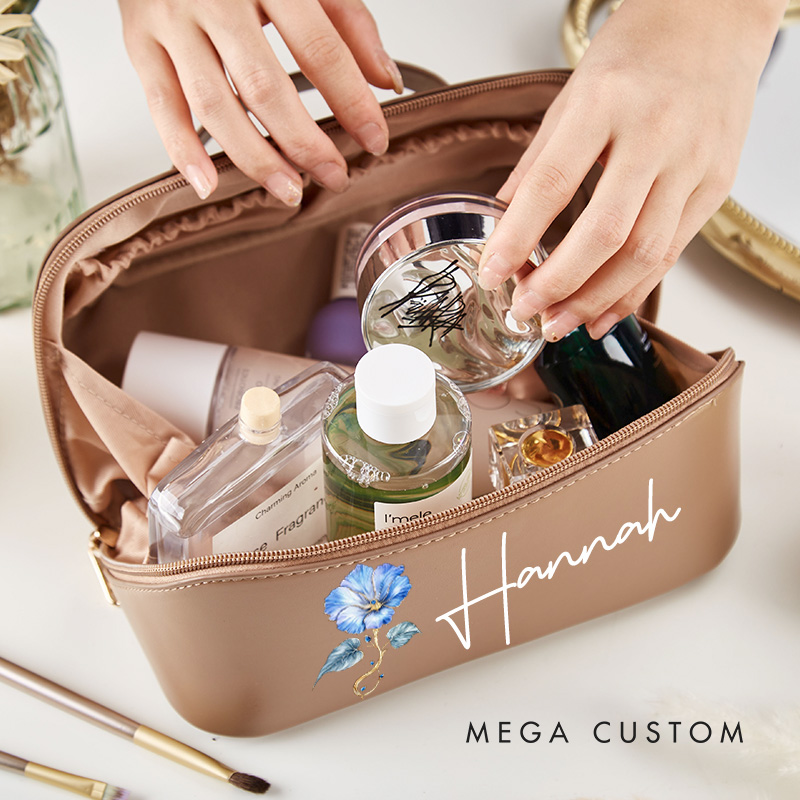 Personalized Retro Oil Painting Birth Flower with Birthstone Large Cosmetic Bag Bridesmaid Bride Make Up Bag