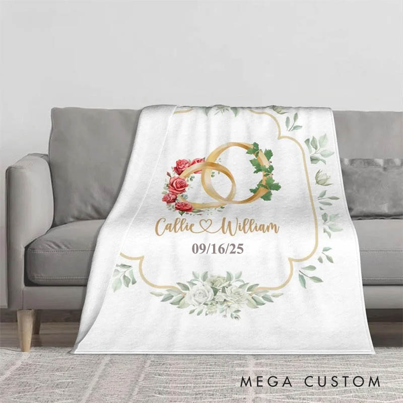 Personalized Couple Birth Flower and Birth Leaf Ring Blanket Newlyweds Name and Date Wedding Blanket Valentine's Day Gift for Husband Wife Hubby Wifey