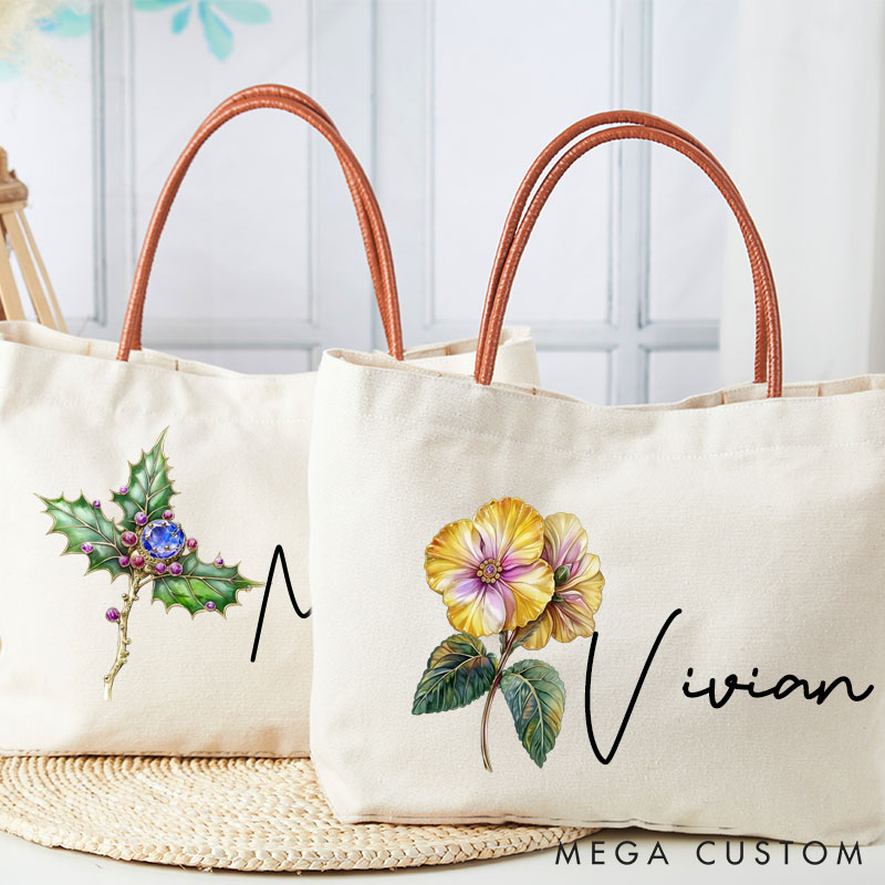 Personalized Bridesmaid Retro Oil Painting Birth Flower with Birthstone Large Jute Tote Bag