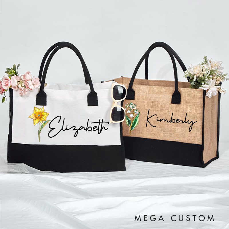 Personalized Retro Oil Painting Birth Flower Large  Bridesmaid Jute Tote Bag Bride Burlap Tote Bag