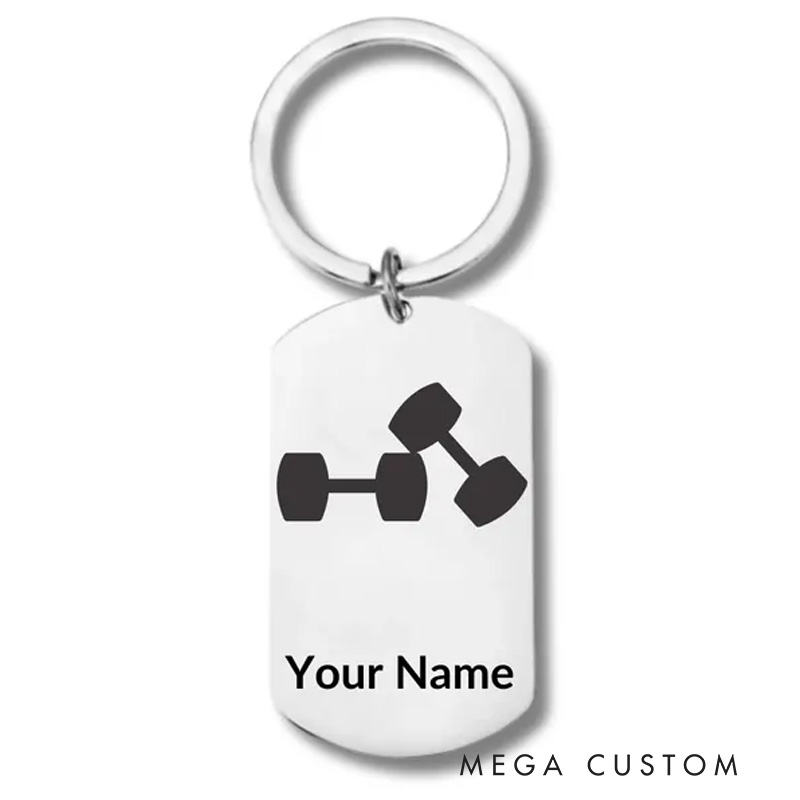 Personalized Engraved Metal Oval Keychain with Dumbbells Workout Stainless Steel Keychain for Gym Lovers
