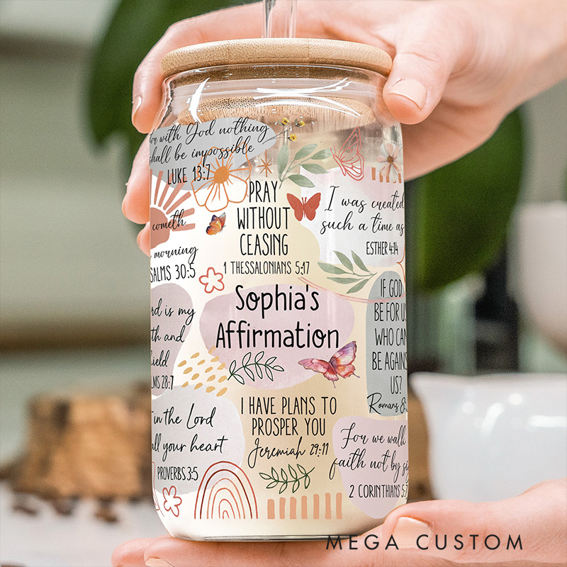 Personalized My Faith Affirmation Bible Scripture Verses Glass Cup with Lid and Straw Custom Name Coffee Cup Religious Gift for Christians