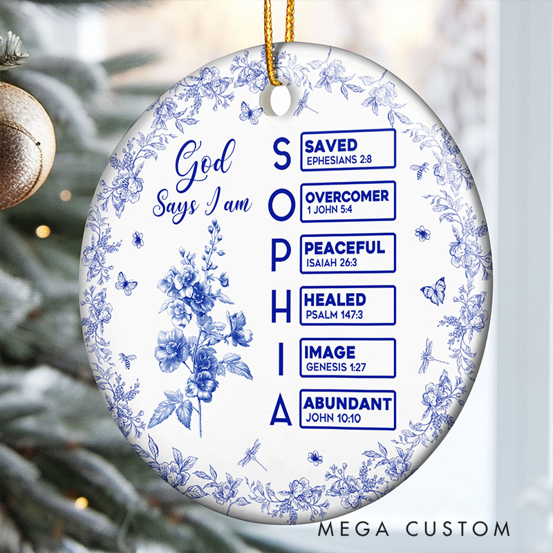 Personalized Toile De Jouy Birth Flower Bible Chapter Ceramic Ornament with Name Religious Gift for Christians