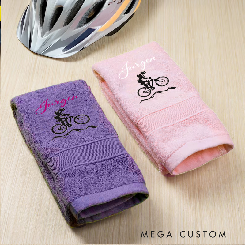 Personalized Mountainbike Hand Towel Embroidered with Bike and Name Road Bike Gift with Name Race Day Gift for Cyclist