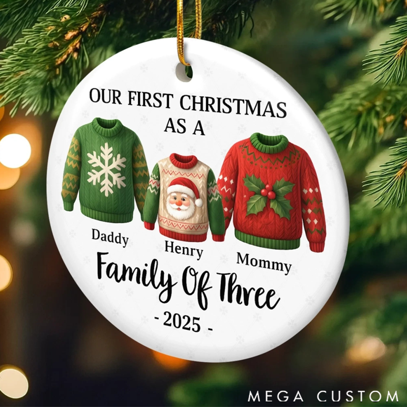 Personalized Ceramics Round Shape Our First Christmas Together Cute Santa Sweater Christmas Ornament 