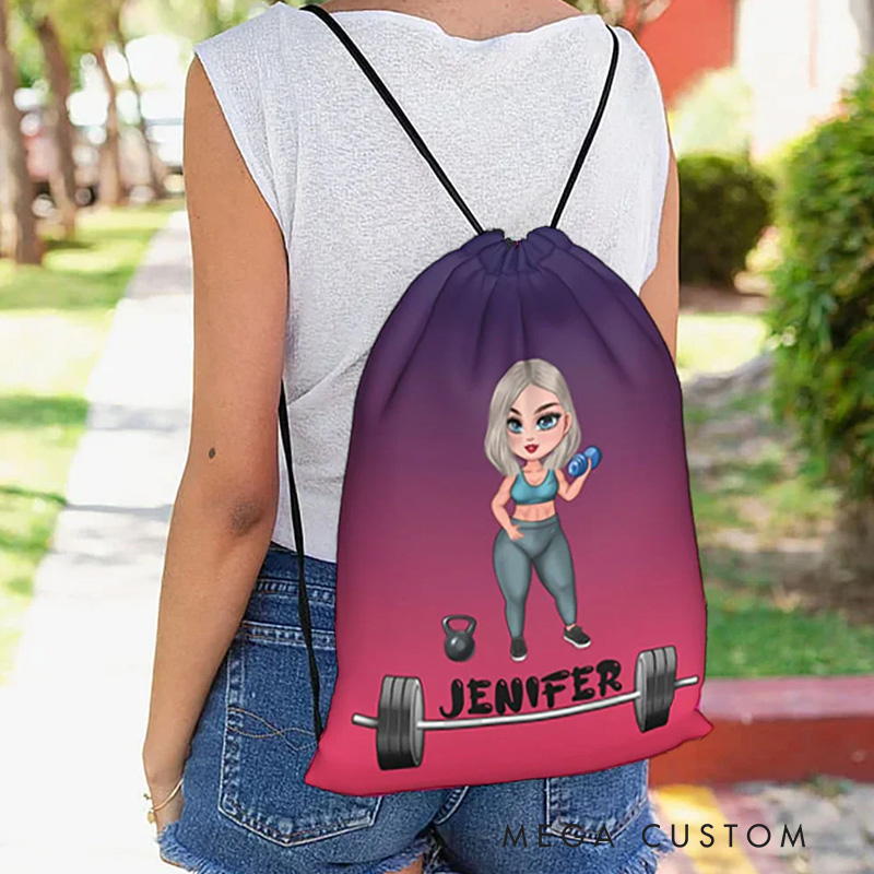 Personalized Cartoon Fitness Girl Design Water Resistant Drawstring Backpack with Name Gym Workout Birthday Gift for Sports Fitness Lovers
