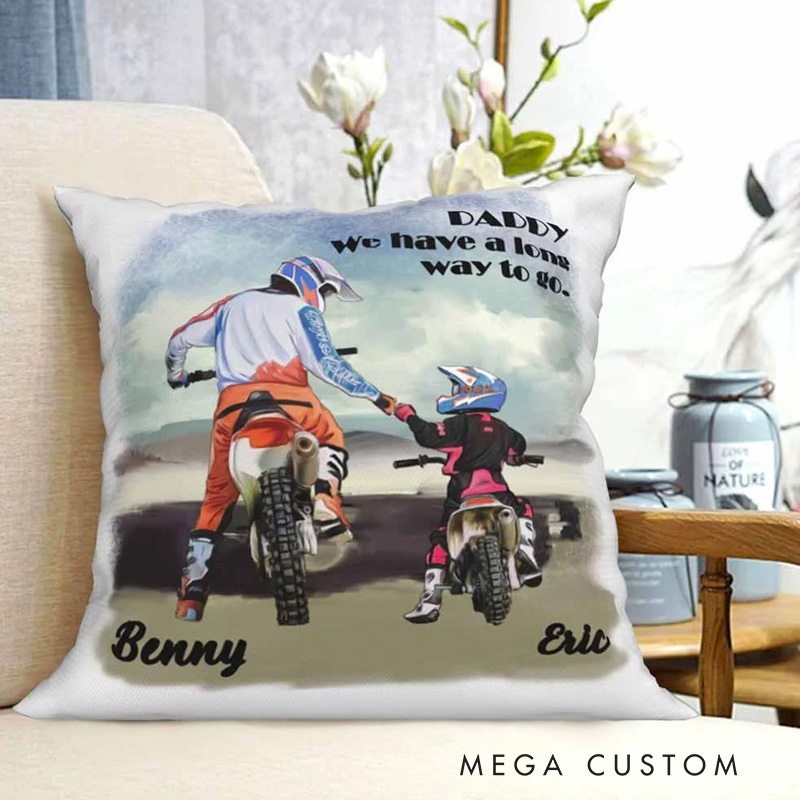 Personalized Motorbike Father and Kid Throw Pillow Cover with Name Text Birthday Father’s Day Gift for Dad Kid Cycling Lovers