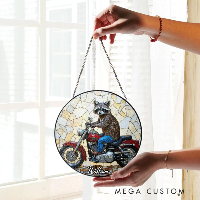 Personalized Raccoon Riding Motorcycle Round Glass Suncatcher Funny Animal Sun Catcher Gift