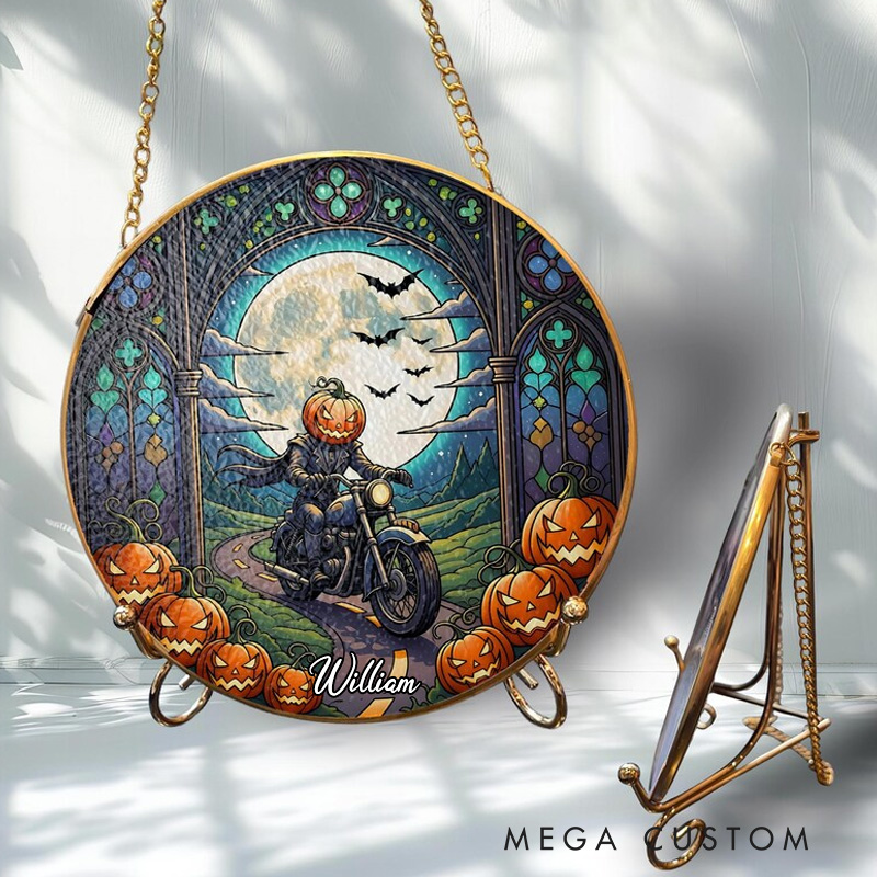 Personalized Pumpkin Rider Stained Glass Suncatcher Halloween Window Hanging Full Moon and Gothic Arches