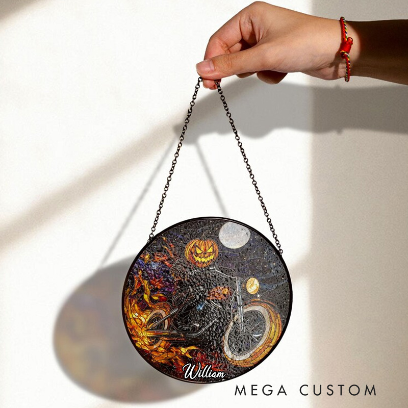 Personalized Pumpkin Rider Stained Glass Suncatcher Fiery Motorcycle Design Gothic Flame Art