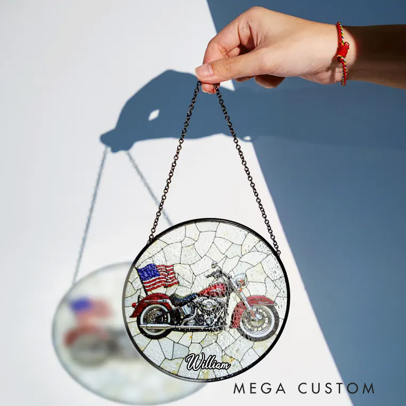 Personalized American Flag Red Motorcycle Stained Glass Suncatcher Window Decor Patriotic Gift