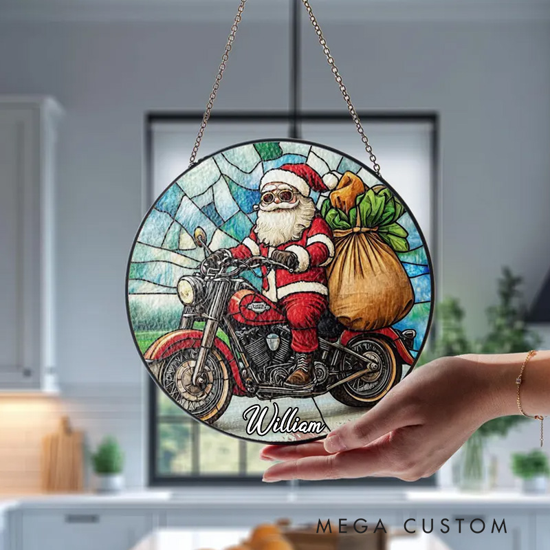 Personalized Stained Glass Santa Claus on Motorcycle Unique Christmas Holiday Decor