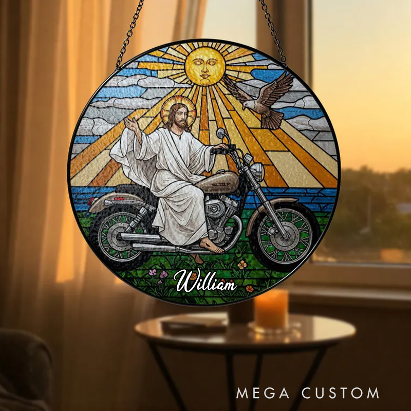 Personalized Jesus on Motorcycle Suncatcher Christian Biker Window Decor