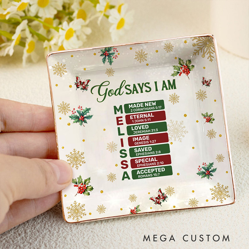 Personalized God Says i am Bible Chapter Ceramic Square Ring Dish with Name Religious Gift for Christians