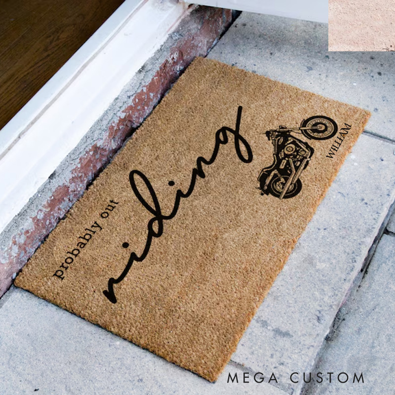 Personalized Probably Out Riding Motorbike Mat Welcome Mat Motorsport Travel Design Custom Coir Doormat