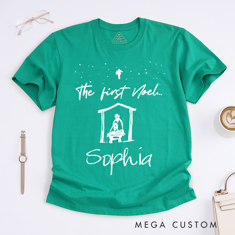 Personalized Nativity Scene Christmas Shirt Custom Name Gift for Men Women The First Noel Classic T-shirt Religious Holiday Present for Music Lover