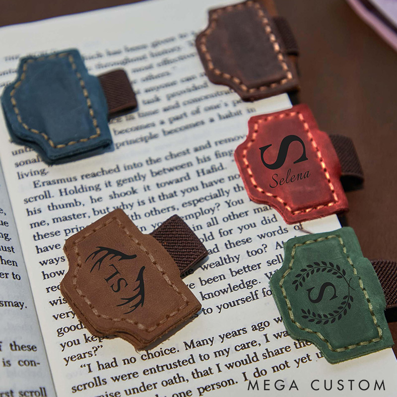 Personalized Logo Leather Book Mark with Pen Holder Engraved Magnetic Bookmark Leather Magnetic Pen Loop for Notebook Book Lover Gifts