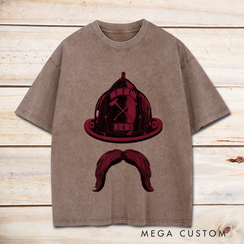 Personalized Firefighter Washed T-Shirt Fire Helmet and Mustache Minimalist Design Unique Gift for Firefighters