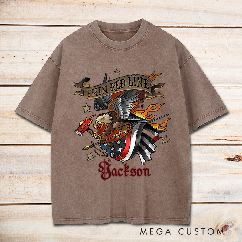 Personalized Firefighter Washed T-Shirt Thin Red Line Eagle and Flag Patriotic Design Unique Gift for Firefighters