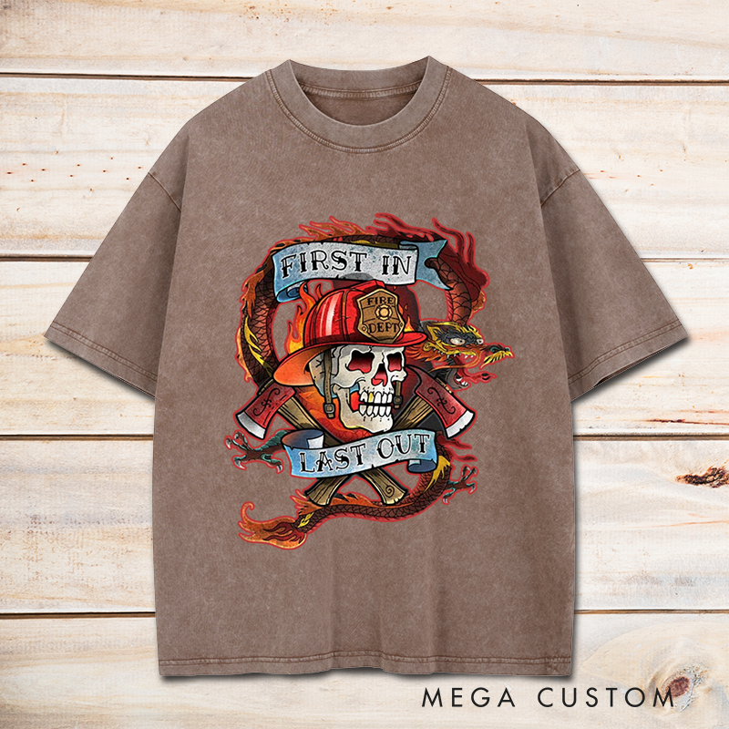 Personalized Firefighter Washed T-Shirt First In Last Out Skull and Fire Helmet Design Unique Gift for Firefighters