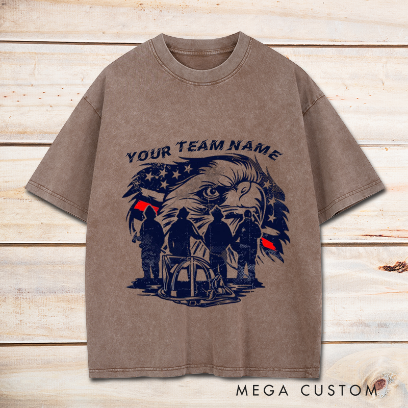 Personalized Firefighter Washed T-Shirt Custom Team Name Bald Eagle and Firefighter Silhouette Design Gift for Firefighter Teams