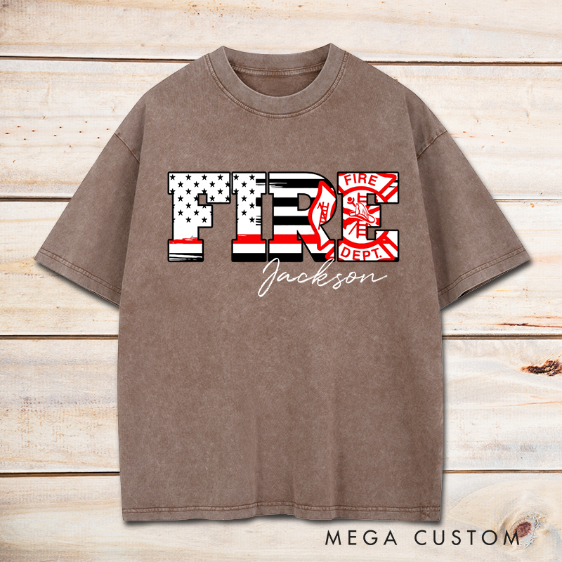 Personalized Firefighter Washed T-Shirt FIRE Lettering with Patriotic and Fire Dept Design Gift for Firefighters
