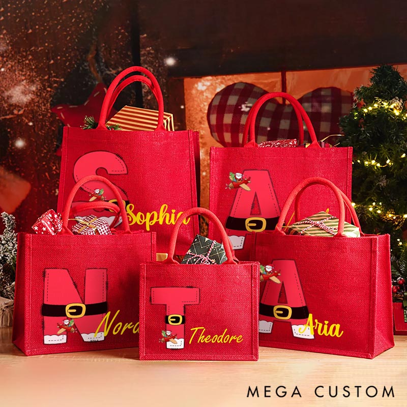 Personalized Red Hemp Gift Tote Bag Traveling Santa Reusable with Initials Printed Exclusively for Christmas Parties
