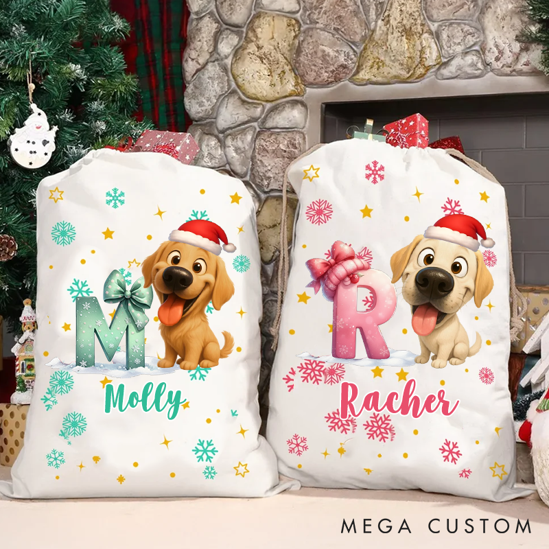 Personalized Dog Lover Cute Cartoon Santa Hat Snowman with dog Christmas Sack