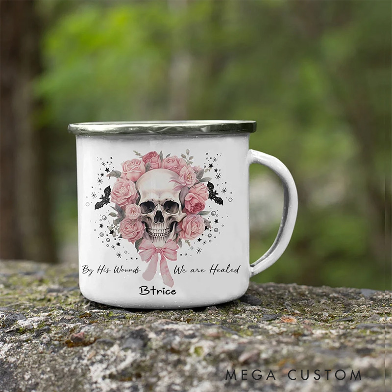 Personalized by His Wounds we are Healed Pink Floral Skull Bats Enamel Mug with Name Halloween Gift Religious Gift