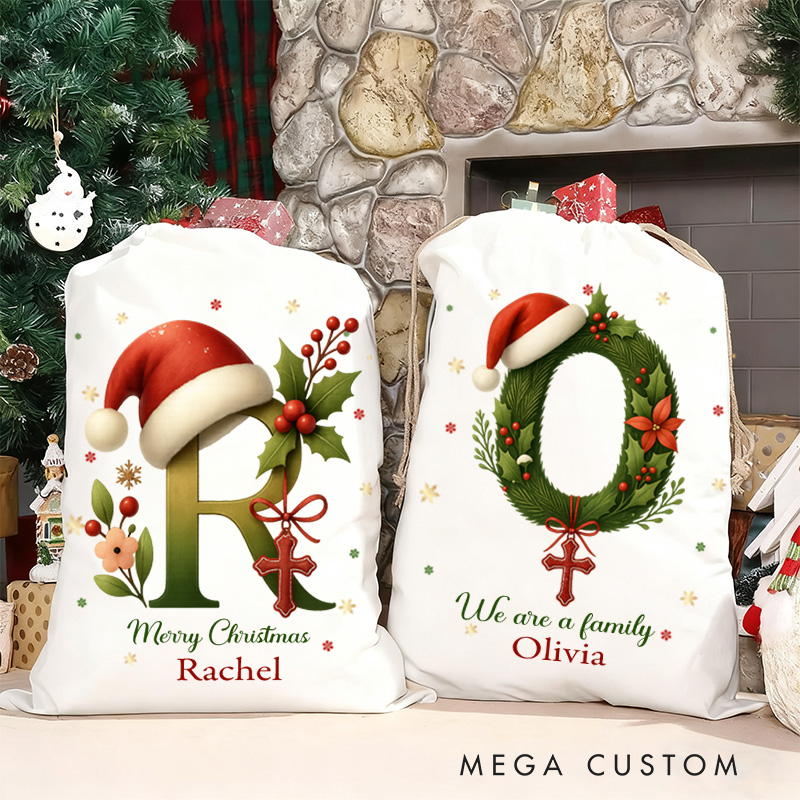 Personalized Cross Santa Hat Initial Drawstring Canvas Christmas Gift Bag with Name Text Christmas Party Gift Religious Gift