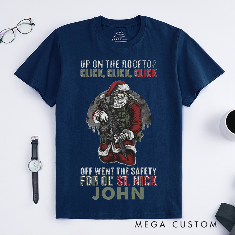Personalized Military Santa Christmas Shirt Custom Name Tee Holiday Gift for Men Women Funny Xmas Classic T-shirt for Music Lover Family and Friends