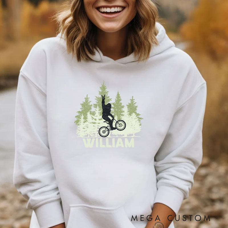 Personalized Bigfoot Bike Hoodie with Forest Bicycle for Cycling Lovers