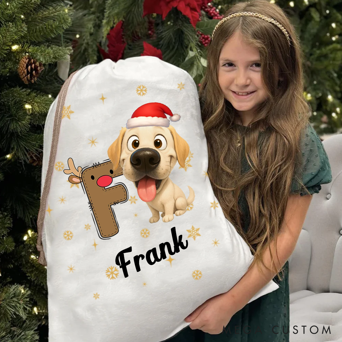 Personalized Dog Lover Snowman Reindeer Initial with dog Christmas Sack