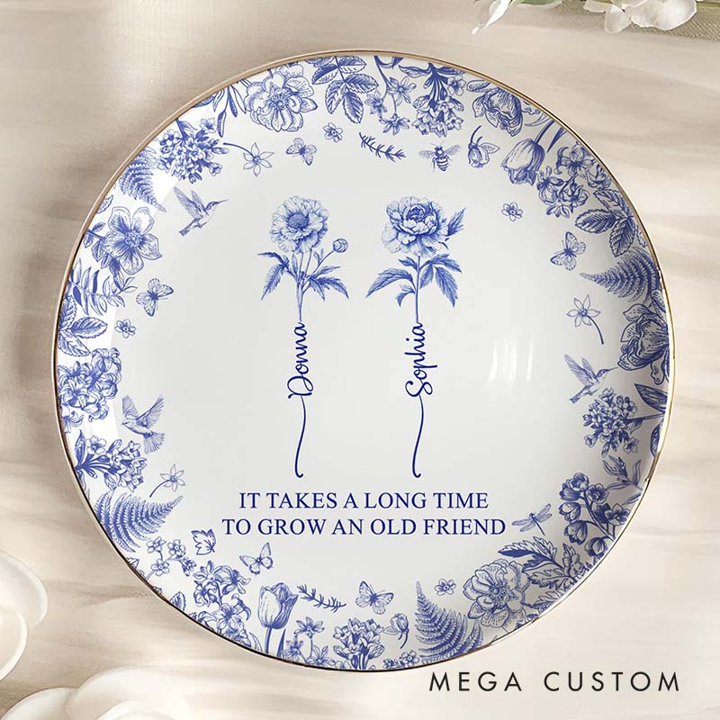 Personalized Bridesmaid It Takes A Long Time To Grow An Old Friend Round Ring Dish Bride Birth Flower Toile De Jouy Ring Dish Bachelorette Party